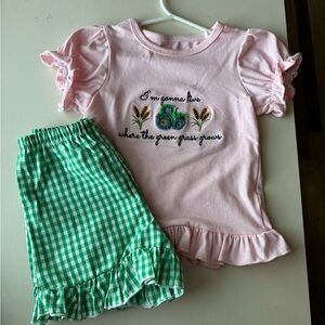 Pink & Green Kids Matching Set - Ruffle Tee and Gingham Shorts